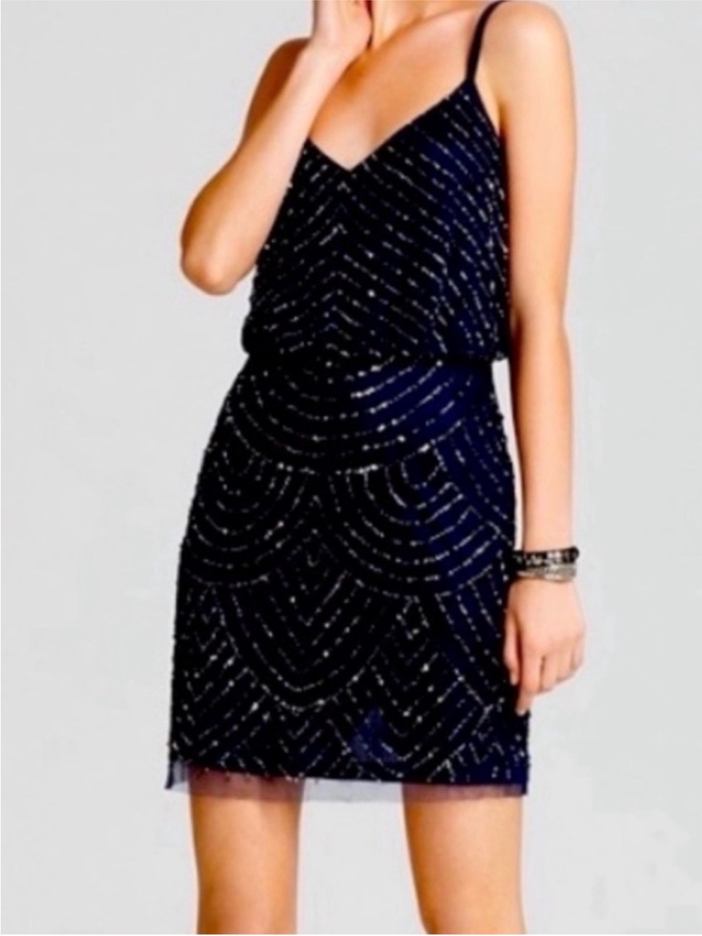 Adrianna Papell Black Sequin Beaded Art Deco Cocktail Dress Size 0